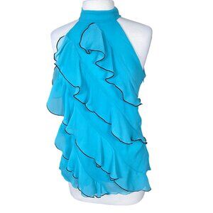 iZ Byer Mock Neck Turquoise Asymmetric Cascading Ruffles Sleeveless Halter Top L